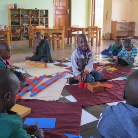 children working with colorful wooden Montessori materials