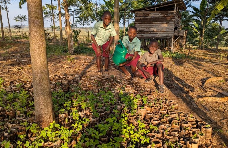 three students with many tree seedlings in banana leaf pots