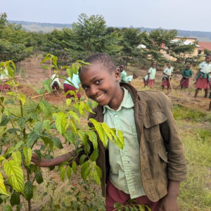student smiling beside a small tree
